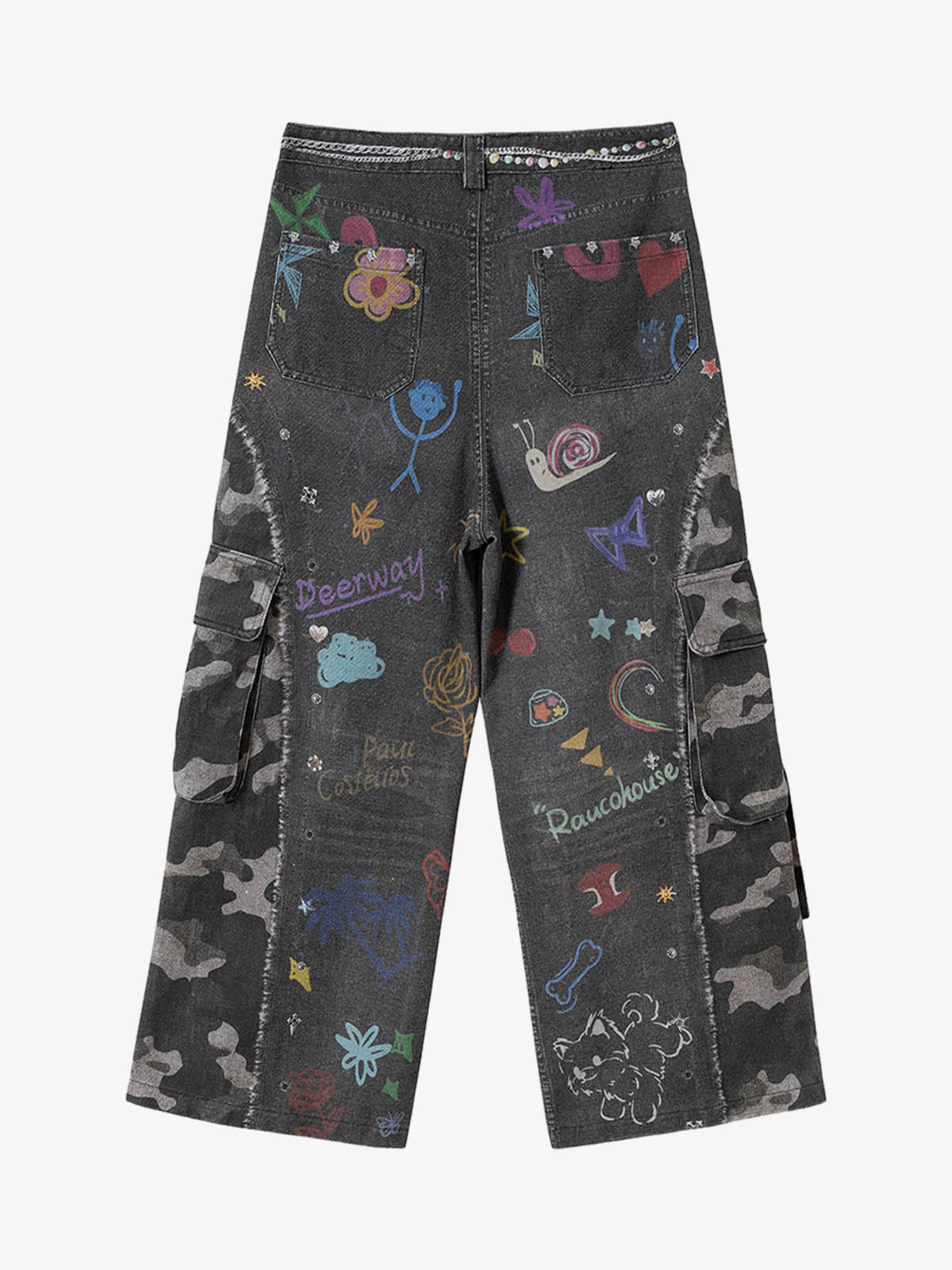 Graffiti Print Cold Transfer Camouflage Layered Cargo Jeans