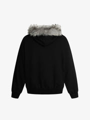 Detachable Fur Collar Half-Zip Printed Hooded Cardigan Sweatshirt