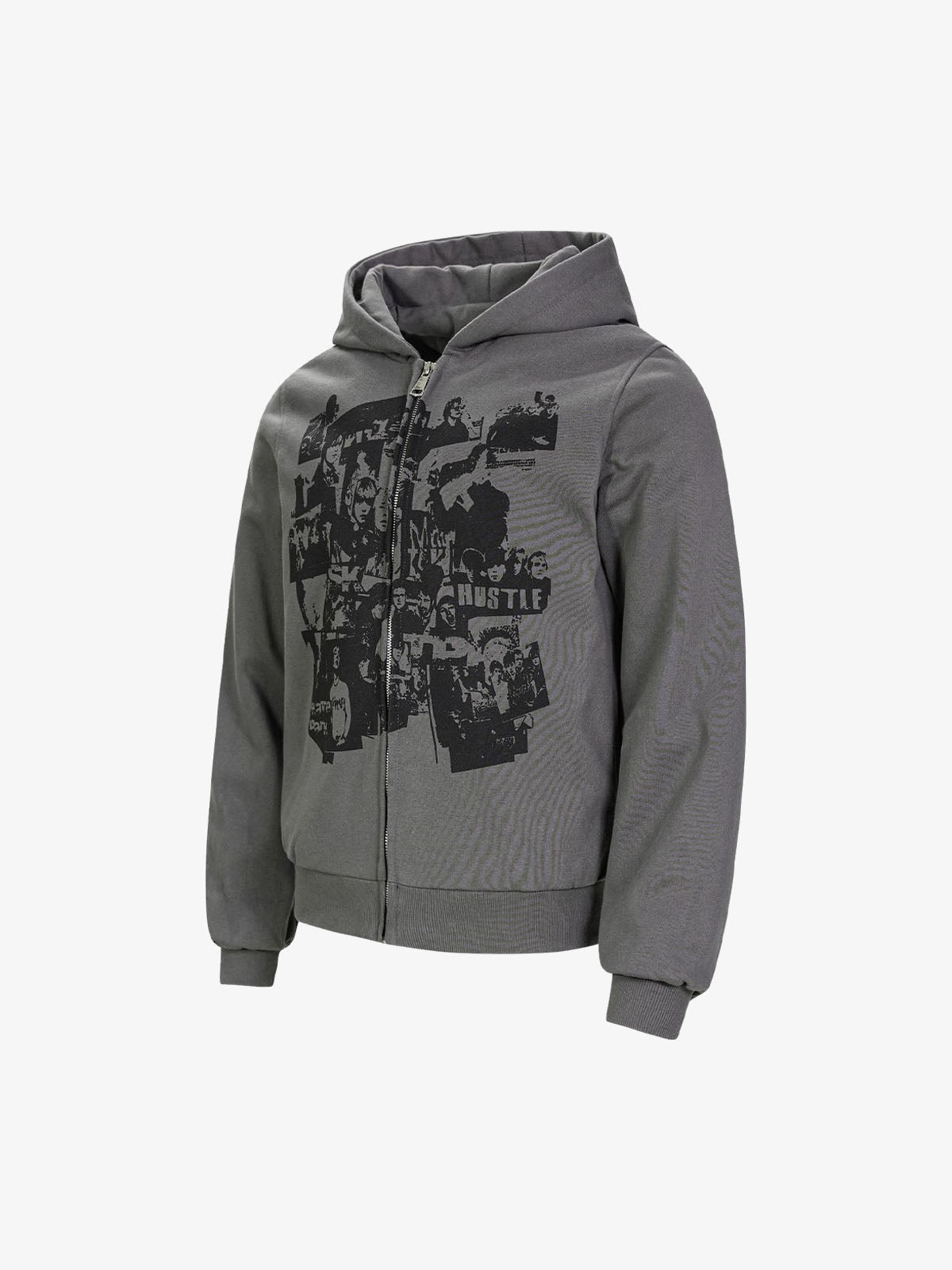 Retro Rock Print Character Zipper Hooded Sweatshirt