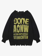 Letter Print Ripped Crew Neck Sweater