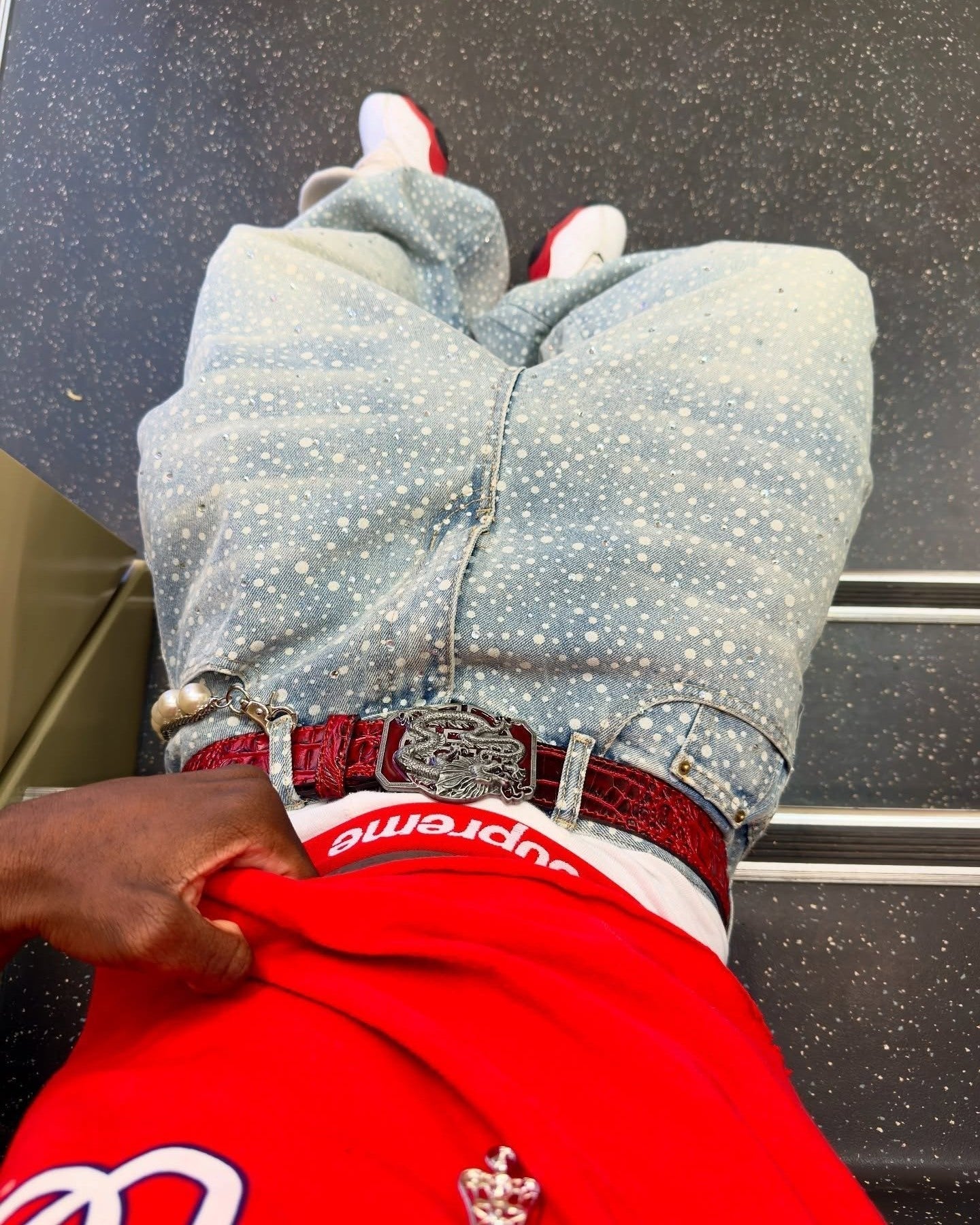 Ink Splashed Hotfix Rhinestone Baggy Jeans