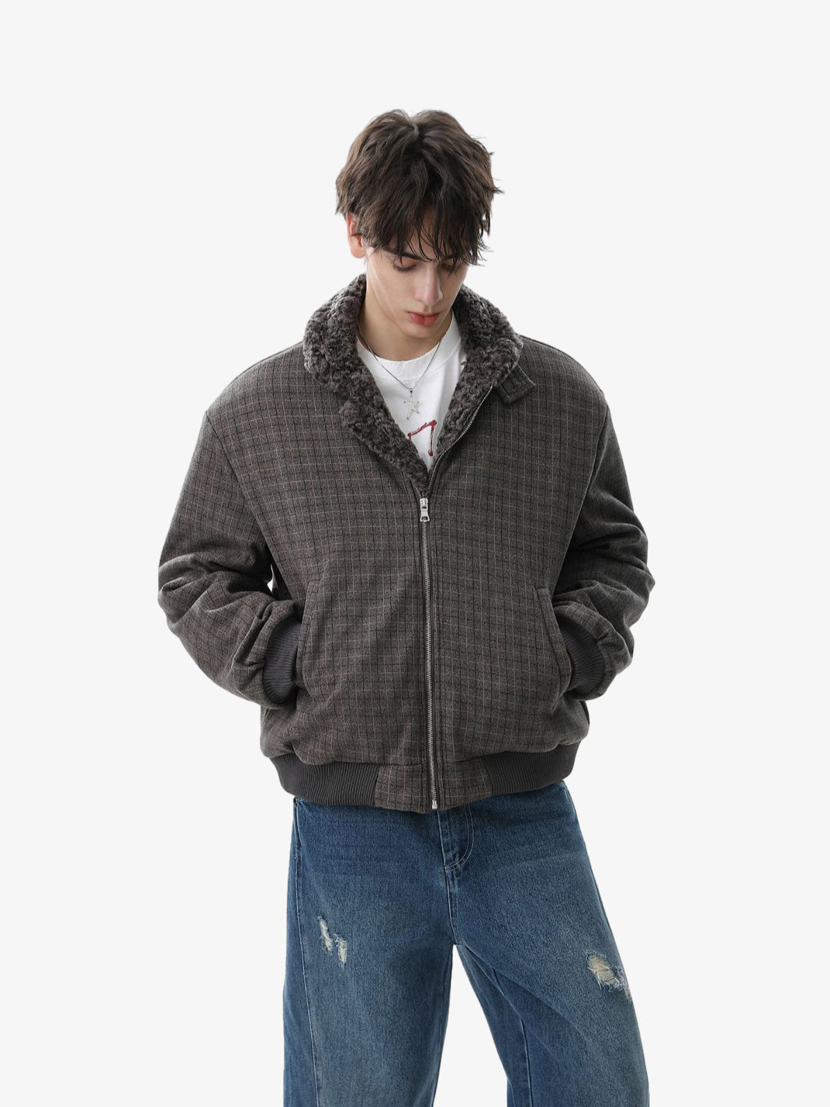 Retro Plaid Fur Collar Warm Padded Jacket