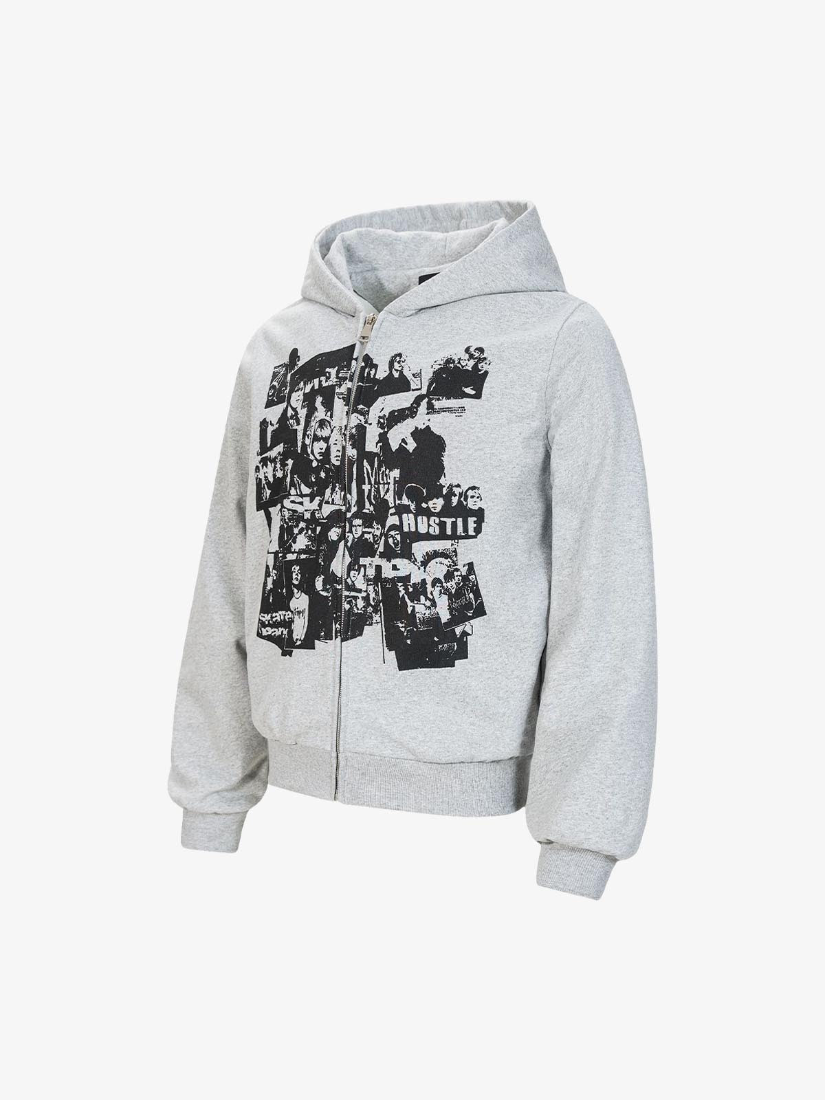 Retro Rock Print Character Zipper Hooded Sweatshirt