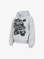Retro Rock Print Character Zipper Hooded Sweatshirt