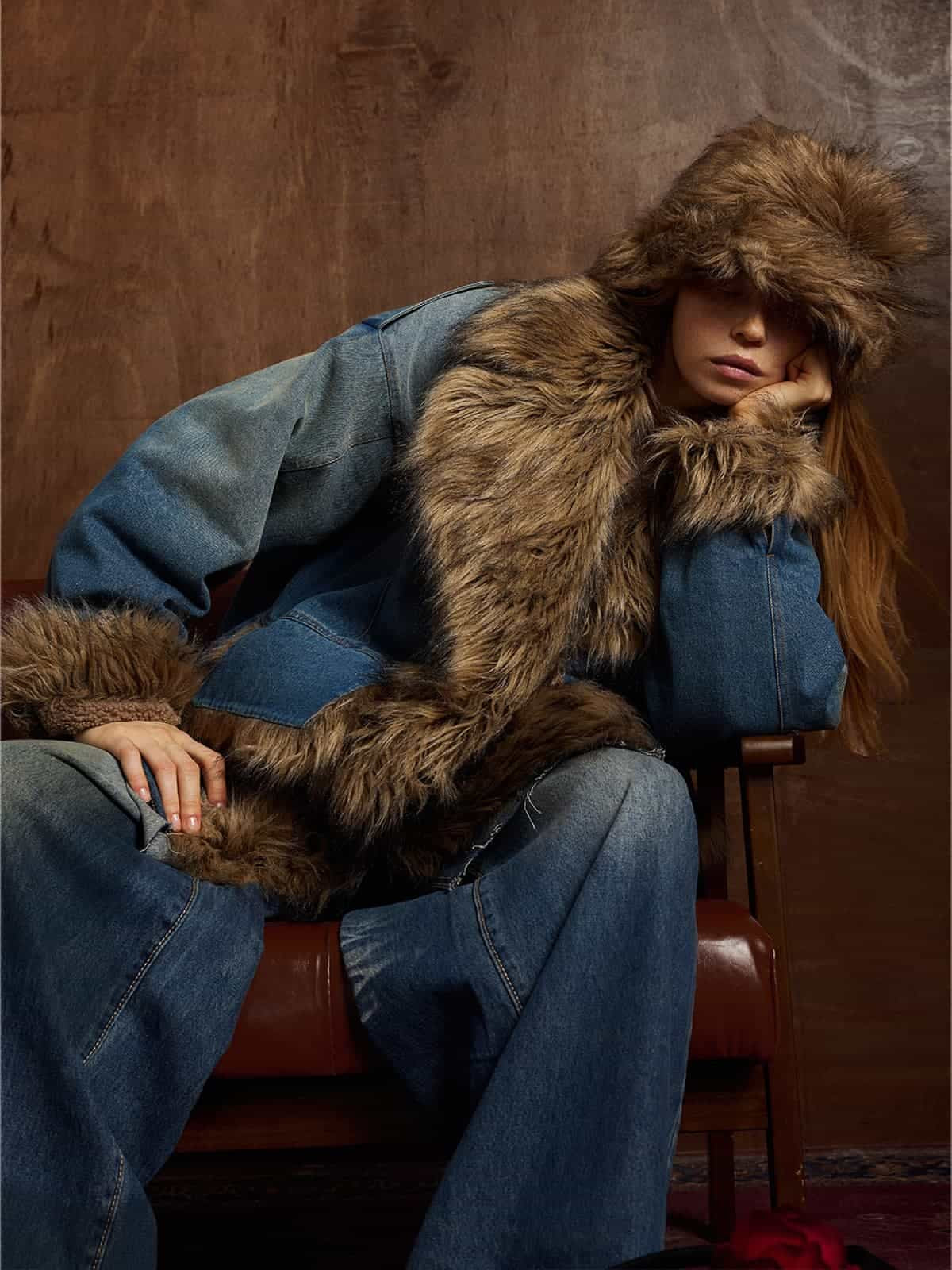 Street Retro Fur Patchwork Washed Denim Cotton Jacket