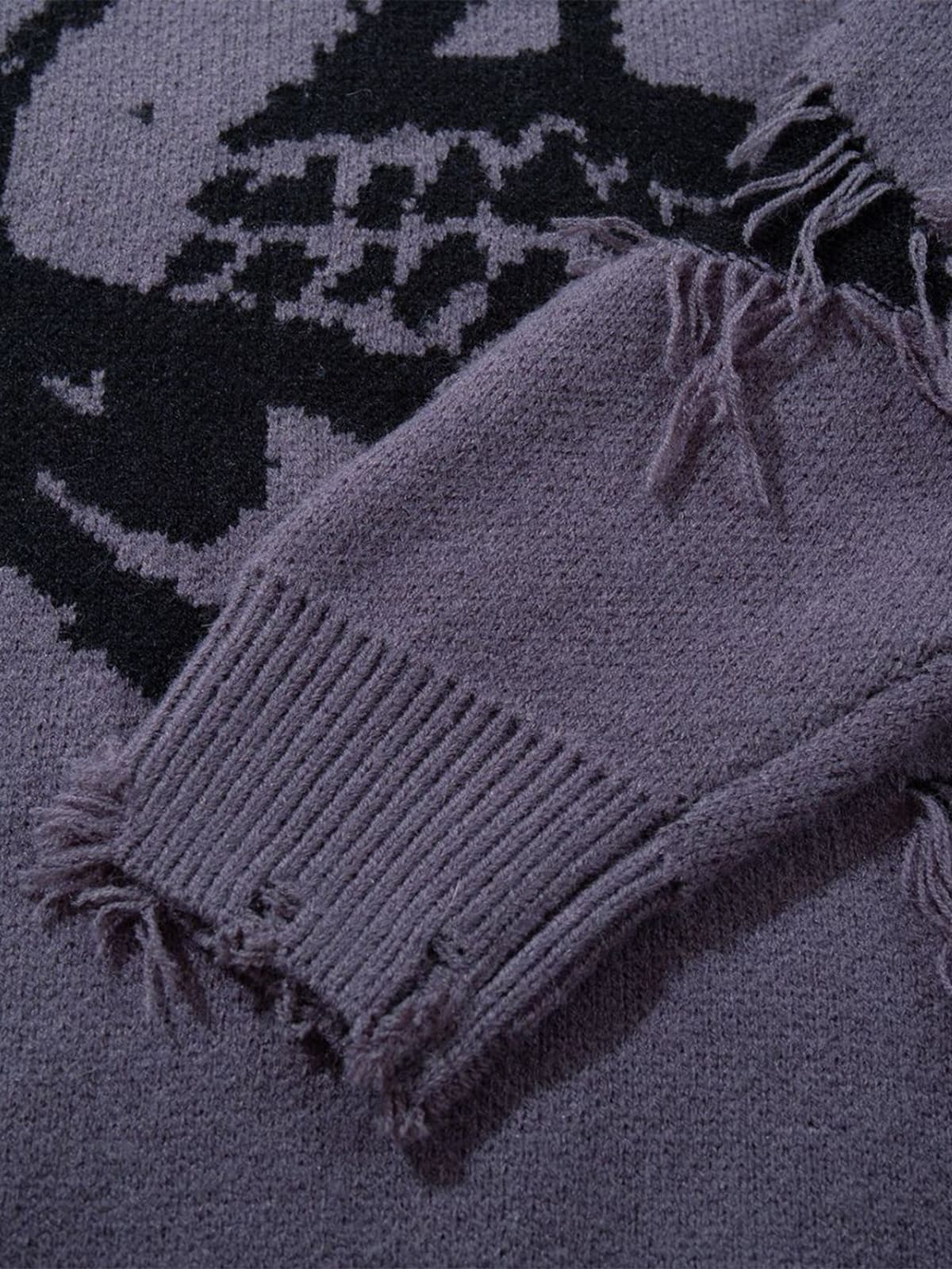 Hip-Hop Dark Skull Frayed-Edge Knit Sweater
