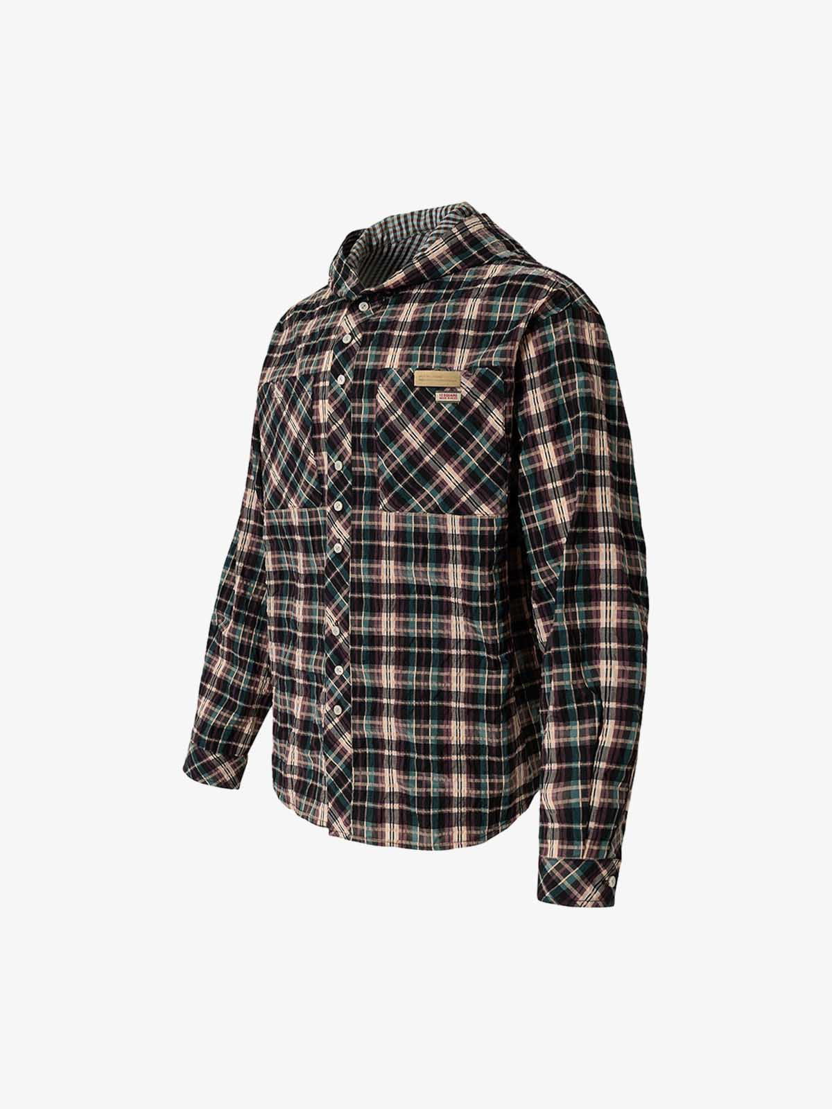 Retro Plaid Patchwork Hooded Work Shirt