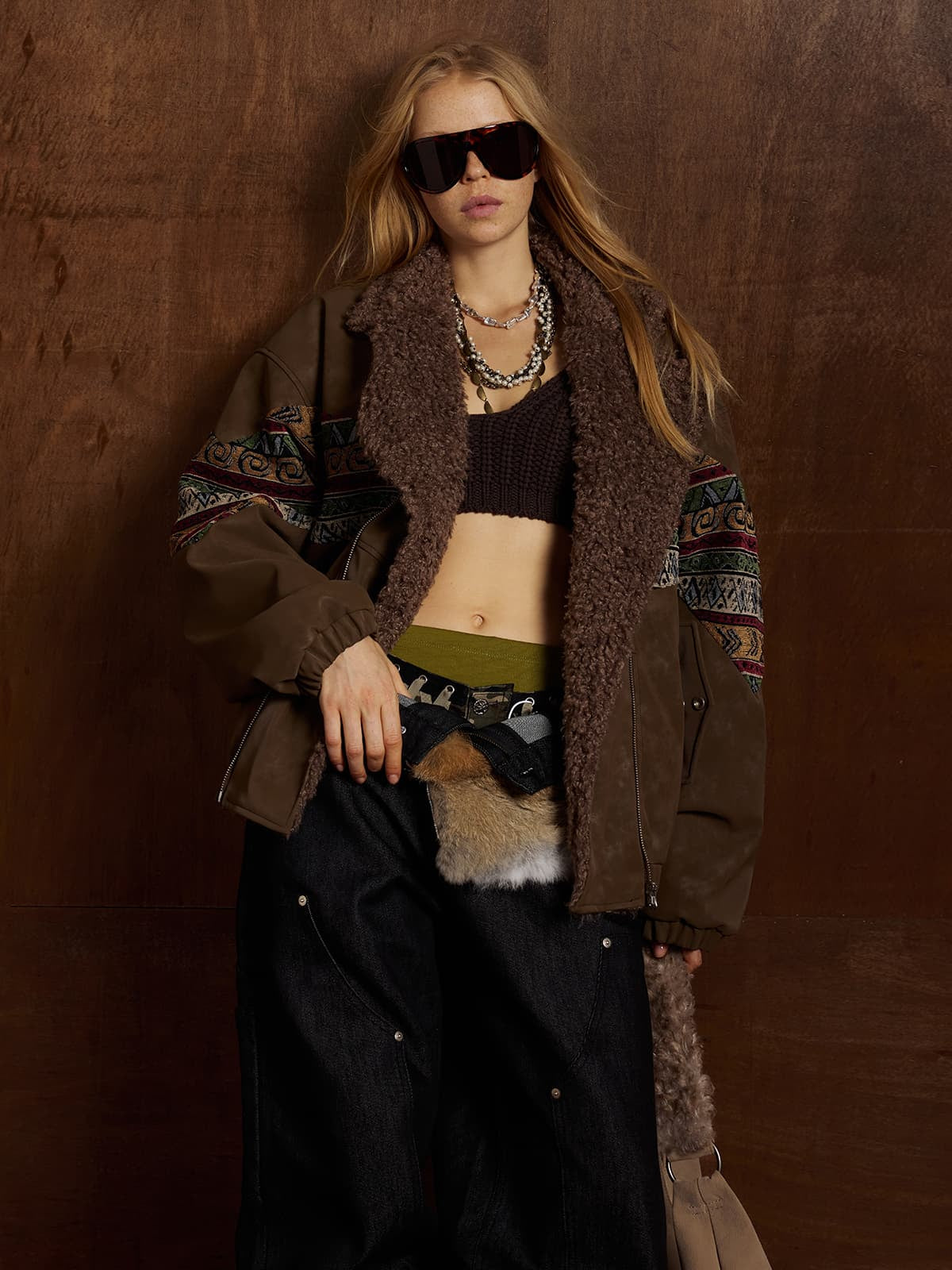 Vintage Leather and Sherpa Patchwork Webbing Cotton Jacket