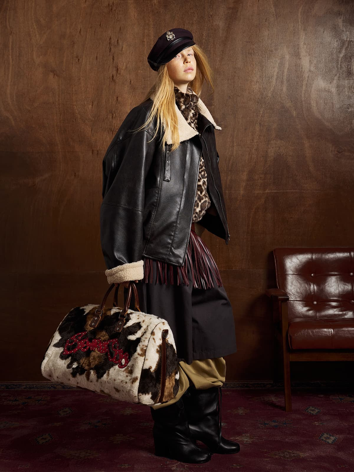 Vintage Shearling Collar Quilted Leather Jacket