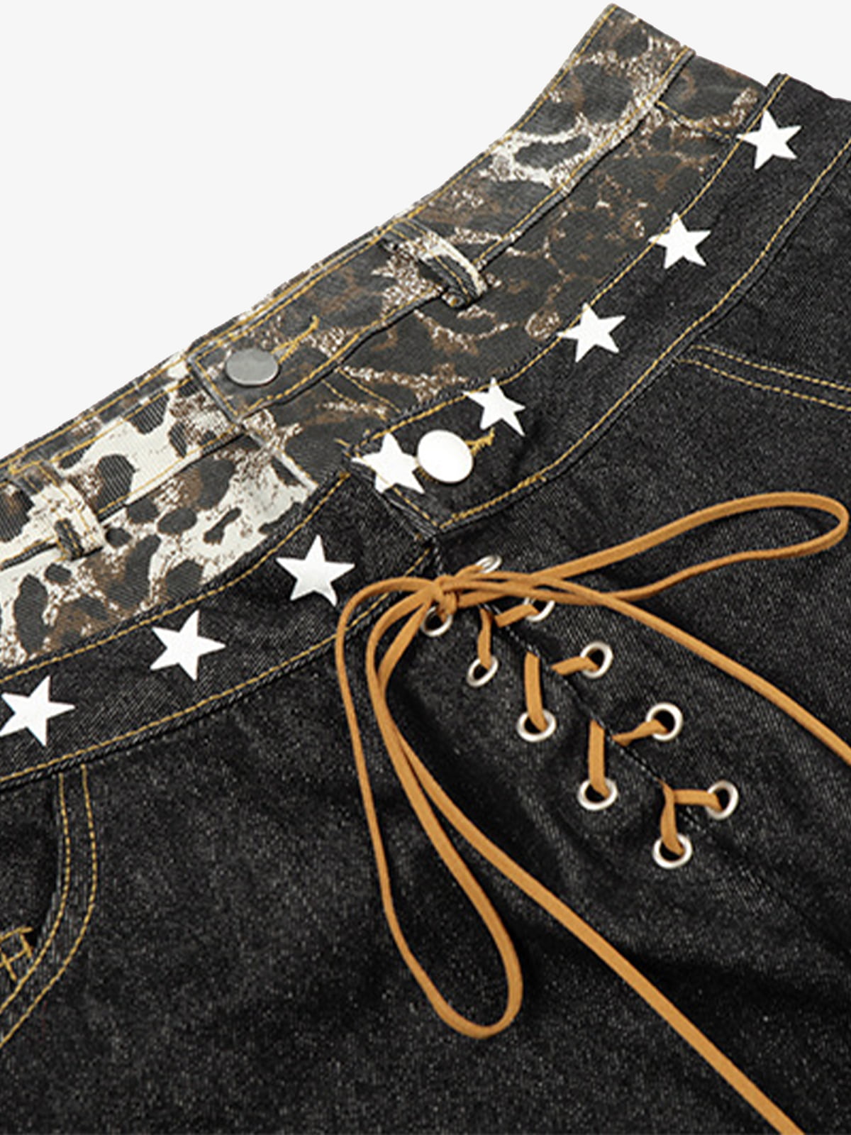 Leopard Star Print Double Waist Tie Jeans