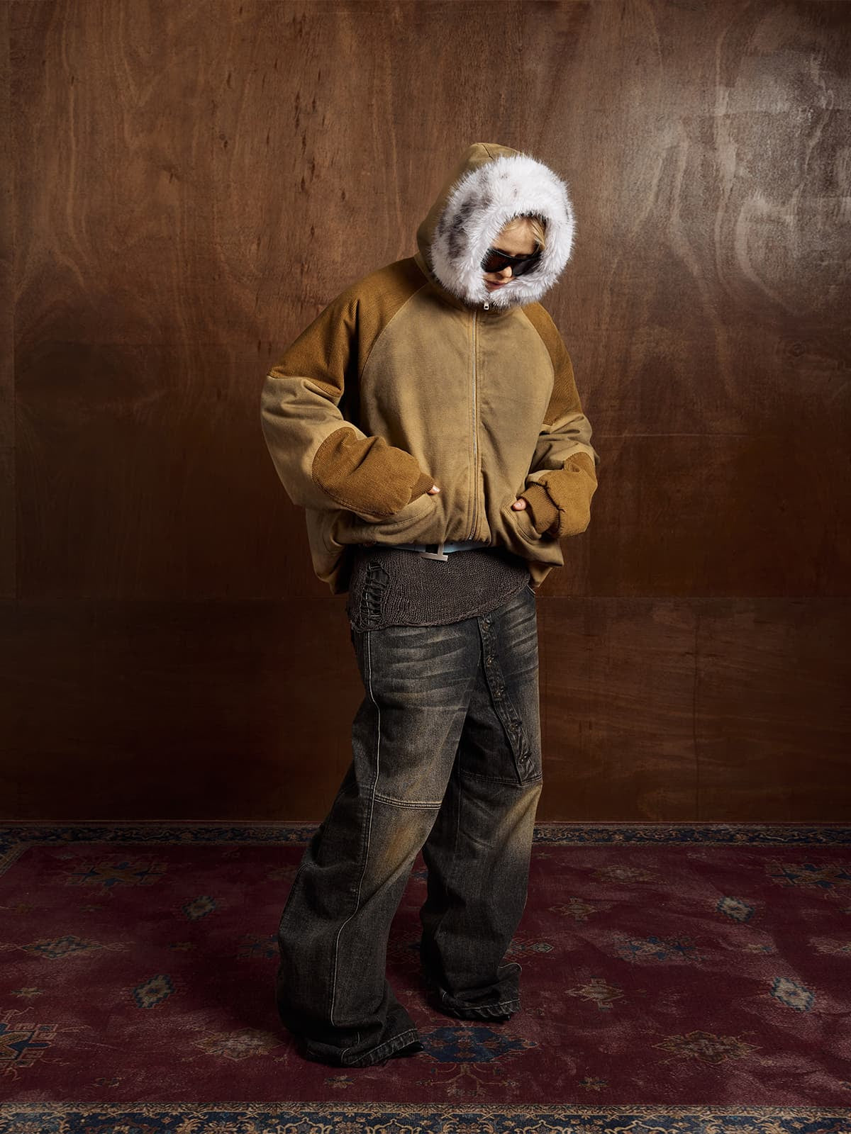 Street Vintage Fog-Dyed Fur Collar Patchwork Hooded Padded Jacket