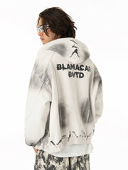Hip Hop Distressed Dirty Spray Wash Hooded Sweatshirt