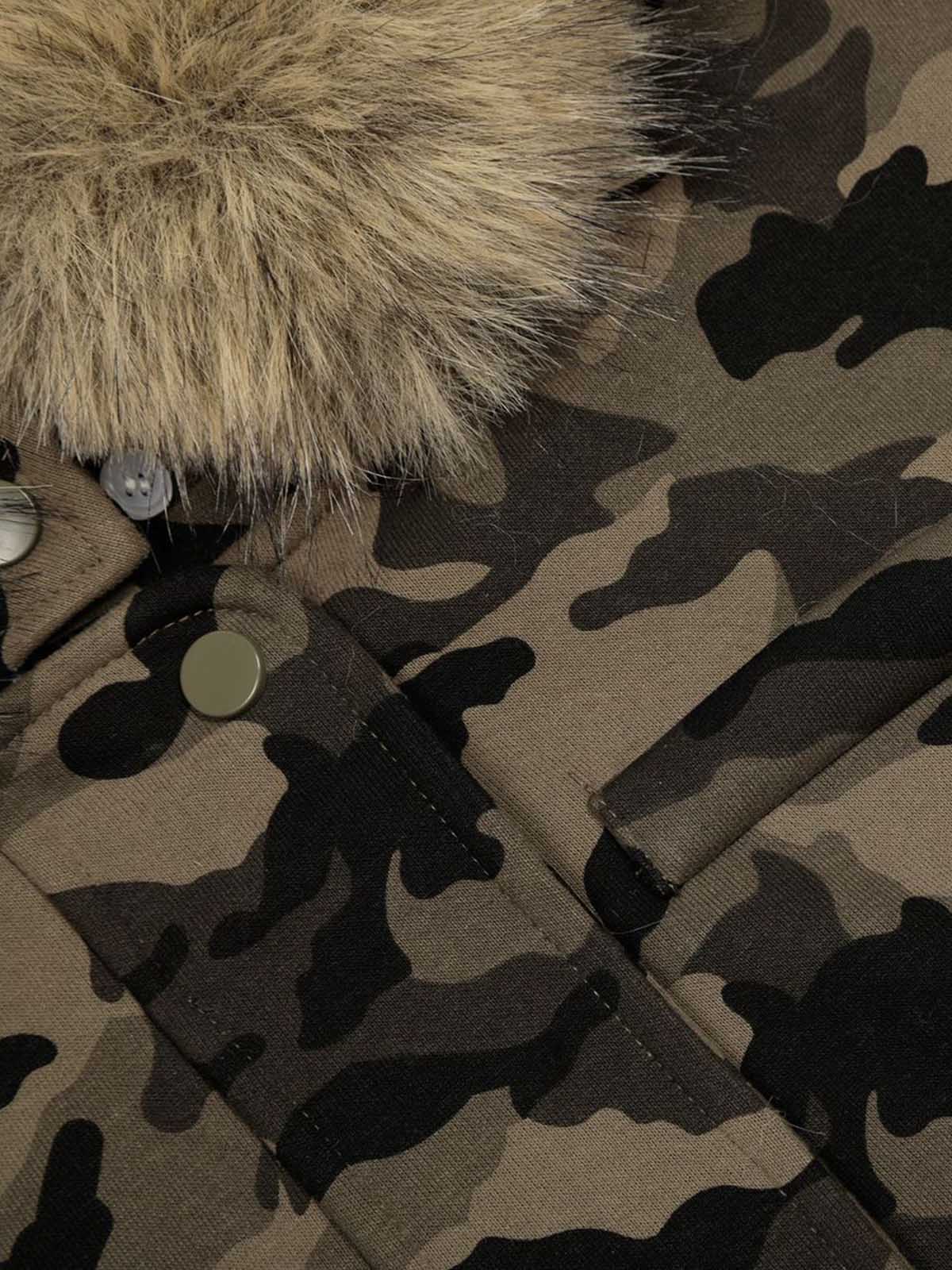Camouflage Embroidery Patchwork Cardigan Fur Collar Hooded Sweatshirt