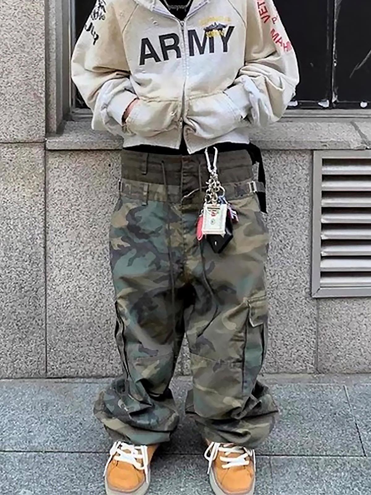 Three-Waist Splicing Camouflage Cargo Buckle Waist Design Overalls