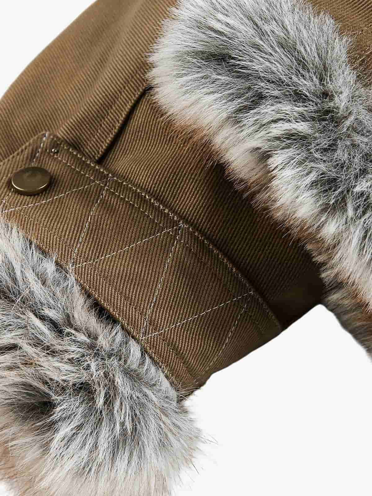 Retro Fur Collar Quilted Workwear Cotton Jacket