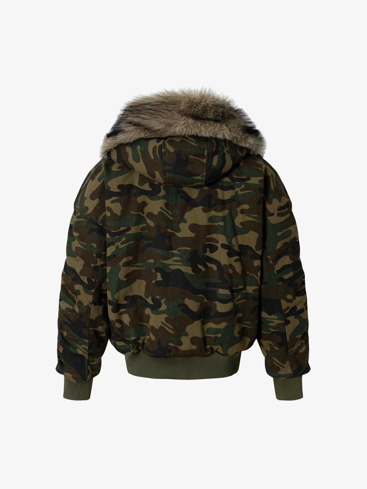 Vintage Camouflage Fur Collar Quilted Hooded Bomber Jacket
