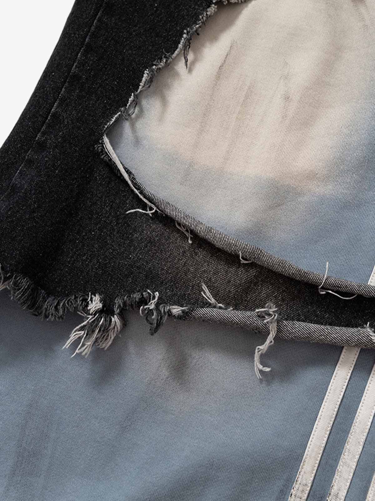 Double-Waistband Denim Patchwork Ripped Casual Pants