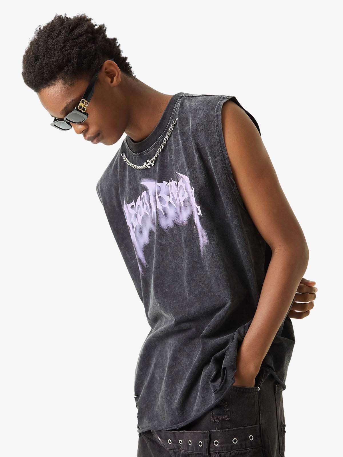 Vintage Metallic Phantom Letter Distressed Washed Vest