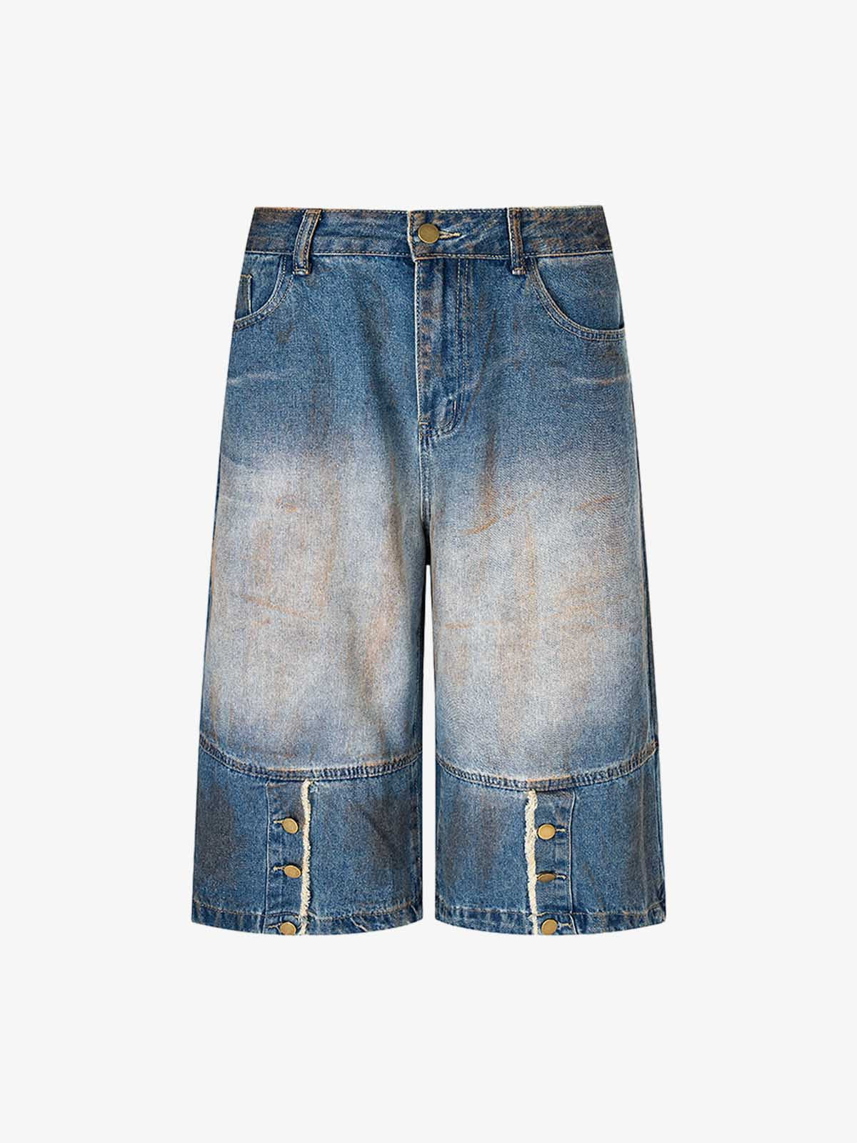 Street Retro Distressed Buttons Raw Edge Dirty Denim Shorts