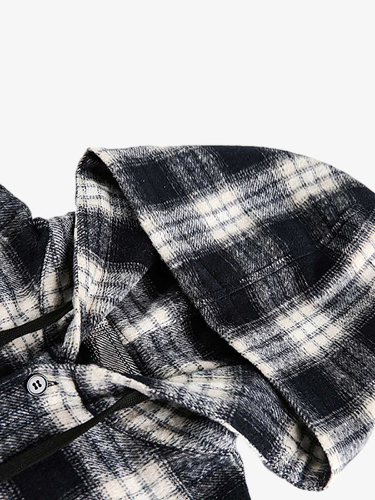Vintage Black And White Plaid Angel Embroidered Hooded Shirt