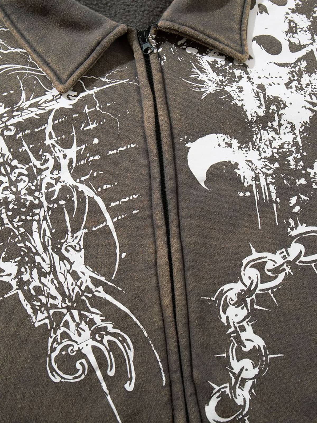 Retro Dark Skull Cross Print Lapel Zipper Jacket