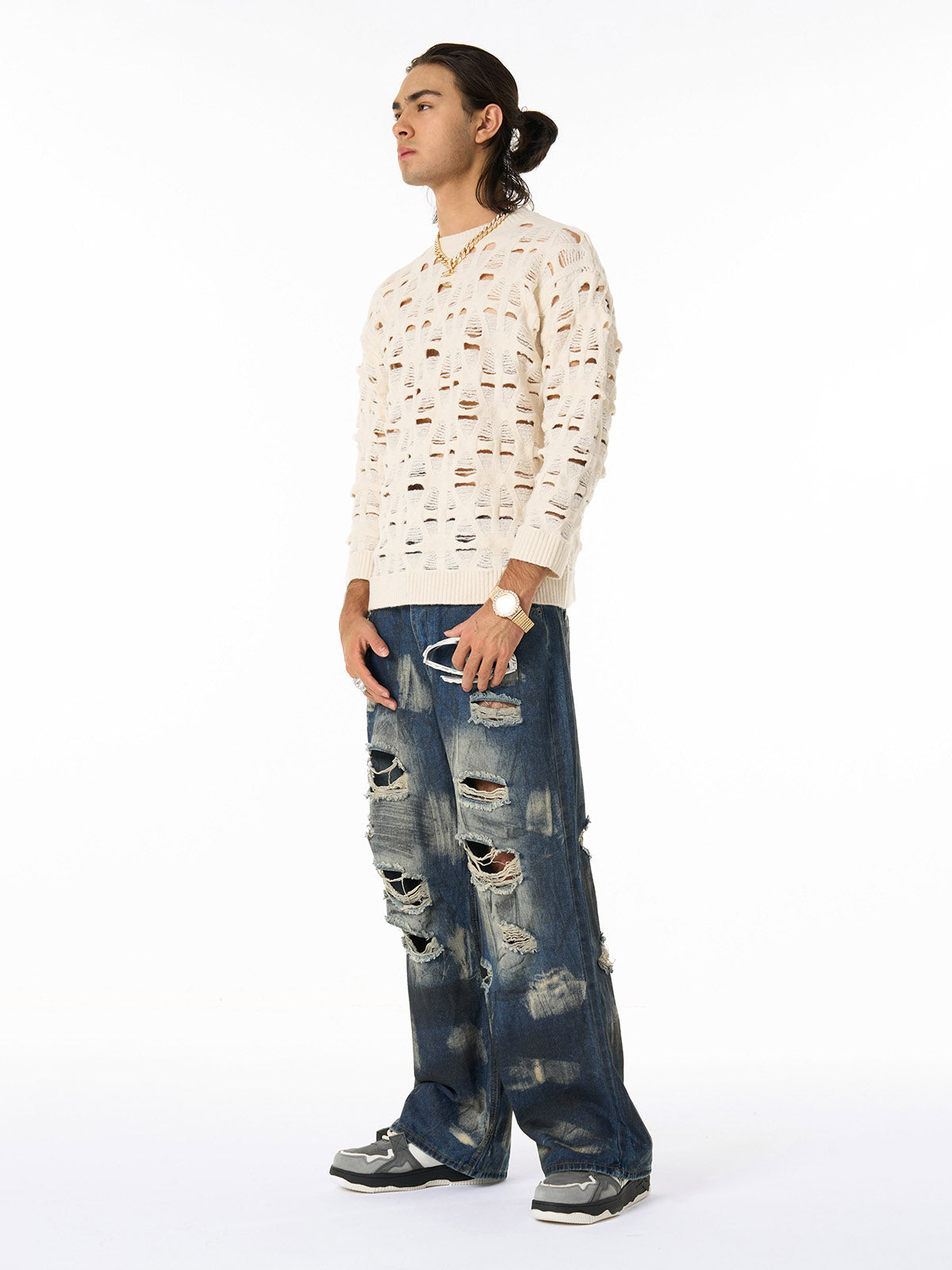 Ripped Openwork Crewneck Sweater