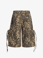 Retro Cheetah Print Pocket Drawstring Cropped Jorts