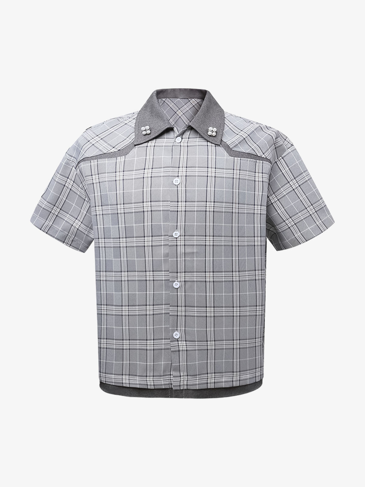 Faux Two-piece Pearl Button Plaid Short-Sleeved Shirt