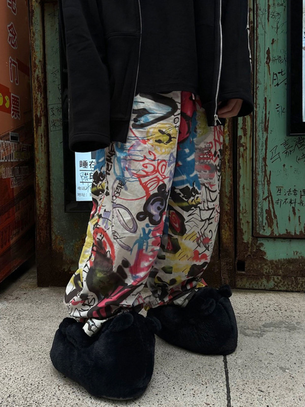High Street Digital Print Graffiti Wide-Leg Jeans