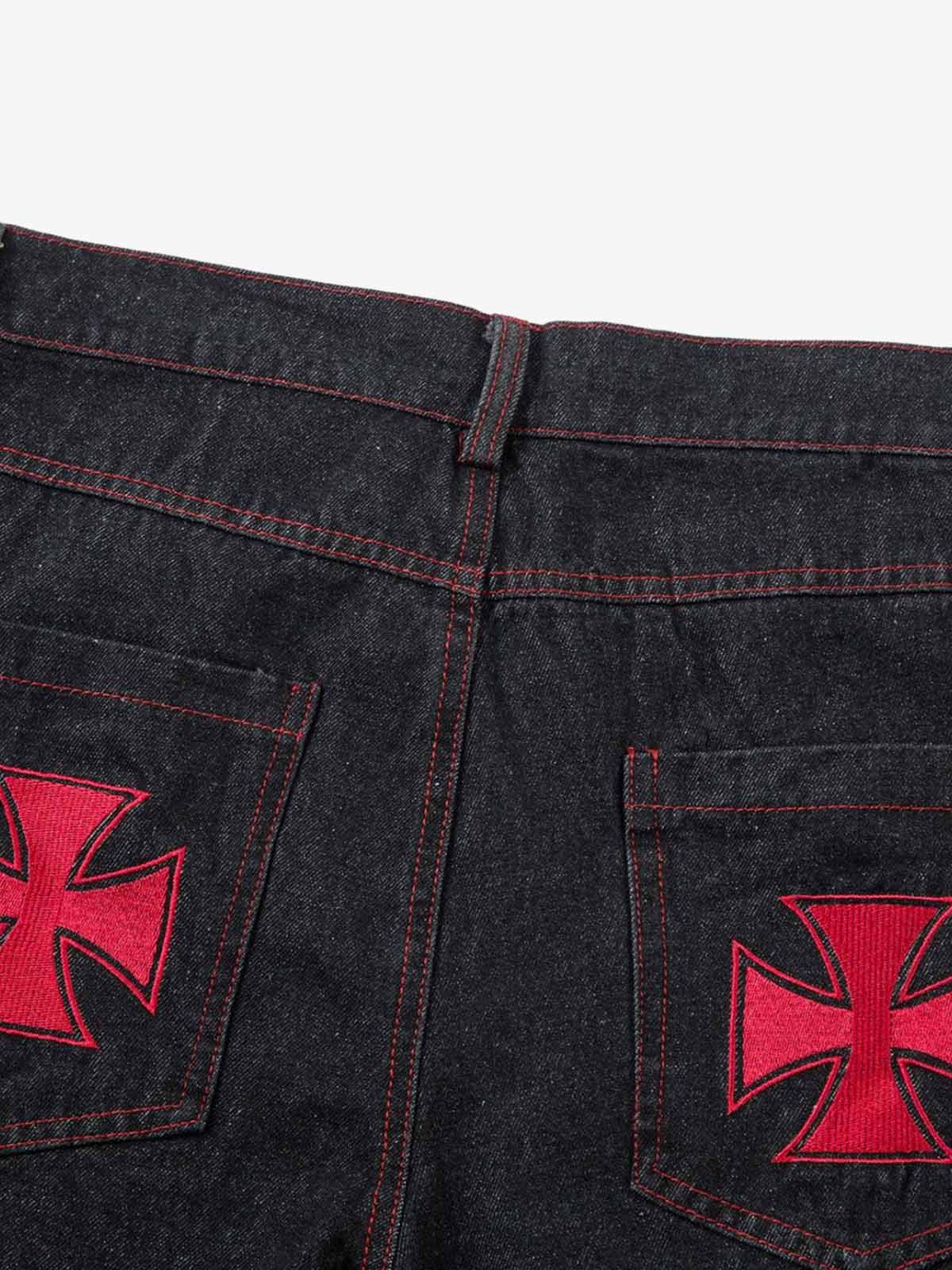 Contrast Thread Cross Letter Embroidered Jeans