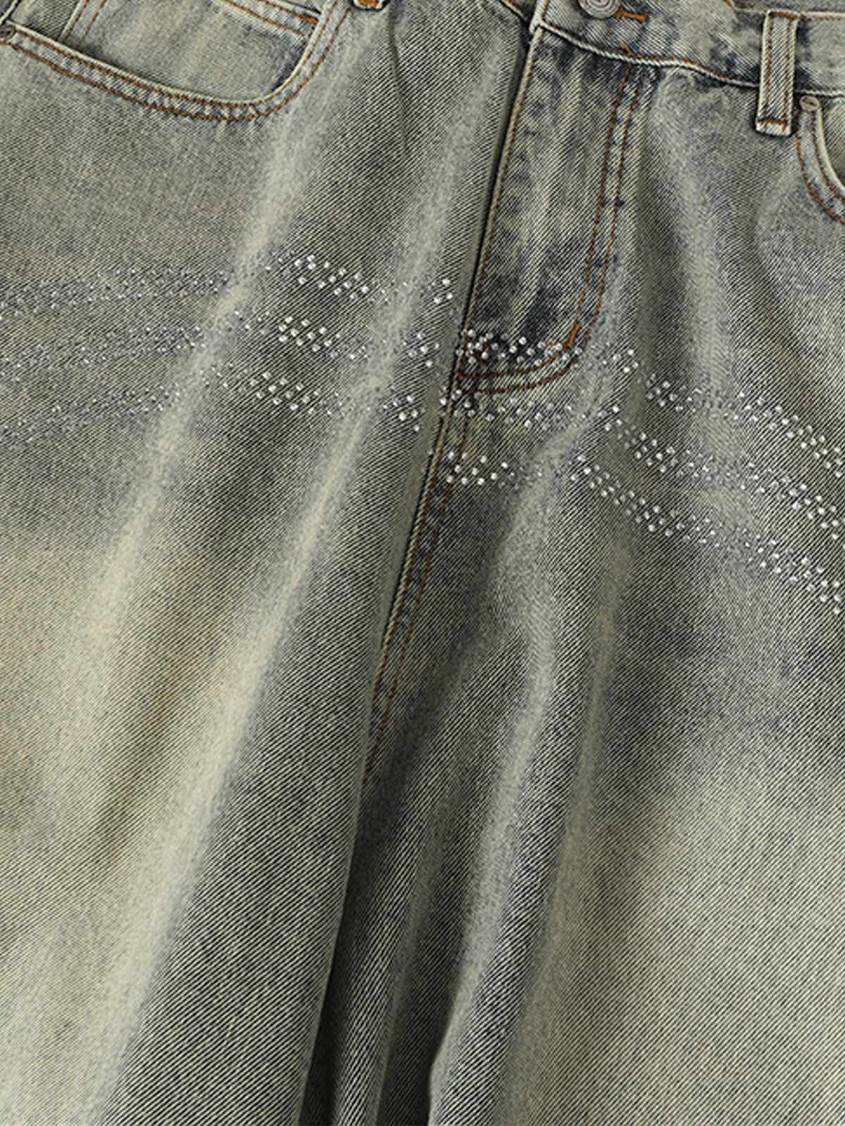 Retro Denim Rhinestone Striped Baggy Jeans