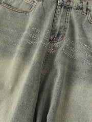 Retro Denim Rhinestone Striped Baggy Jeans