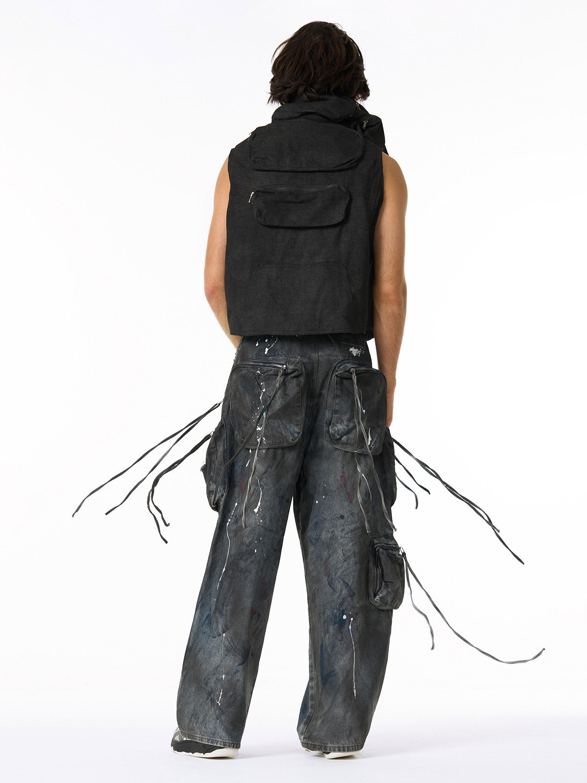 Heavy Dirty Dyed Multi-Pocket Drawstring Work Jeans