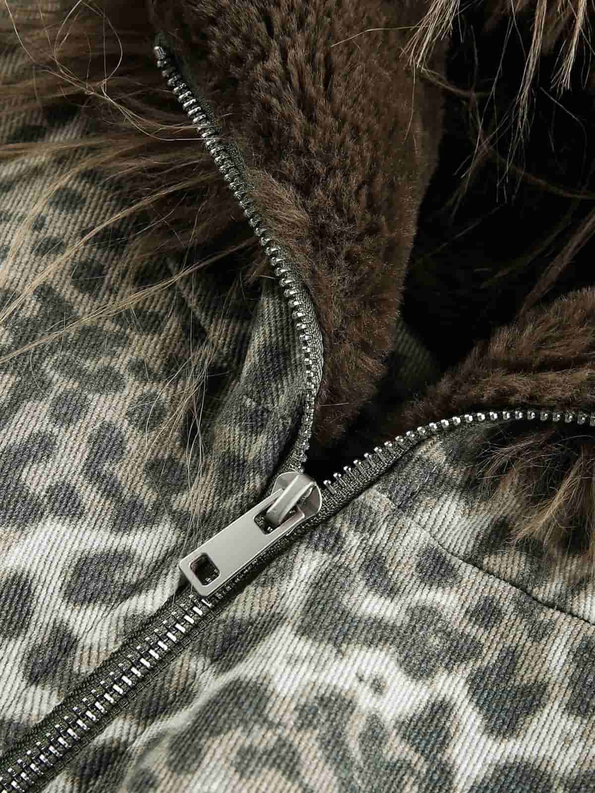Retro Cheetah  Fur Collar Cotton Jacket
