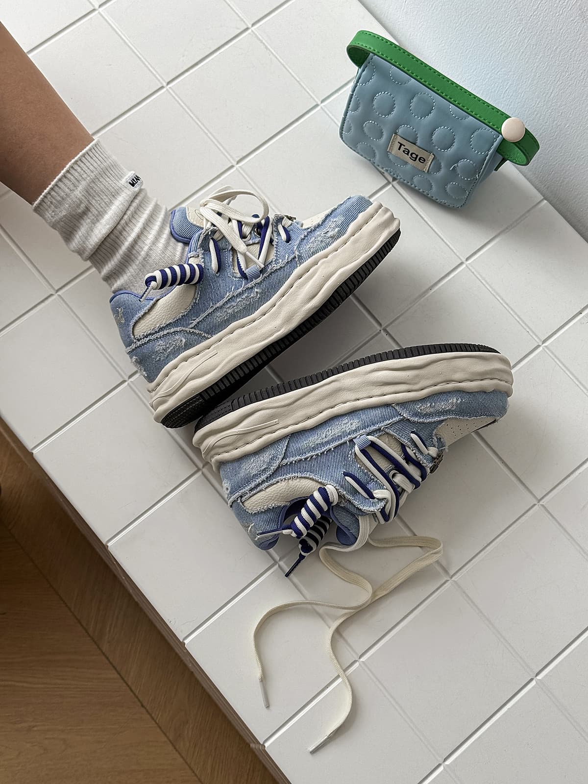 Retro Washed Denim Low Top Platform Sneakers