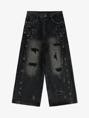 Vintage Washed Distressed Metal Ring Baggy Jeans