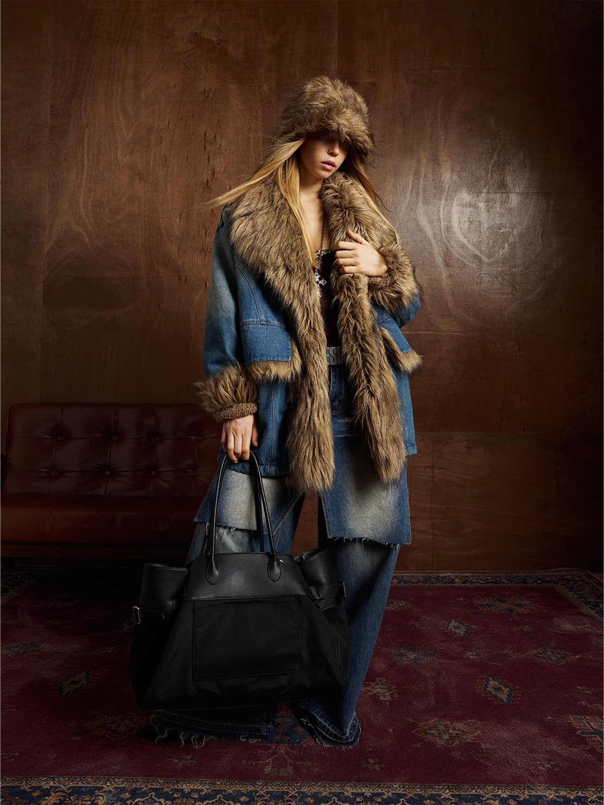 Street Retro Fur Patchwork Washed Denim Cotton Jacket