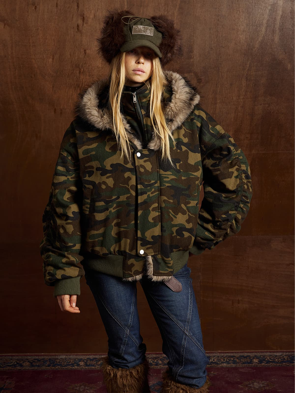Vintage Camouflage Fur Collar Quilted Hooded Bomber Jacket