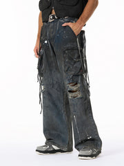 Heavy Dirty Dyed Multi-Pocket Drawstring Work Jeans