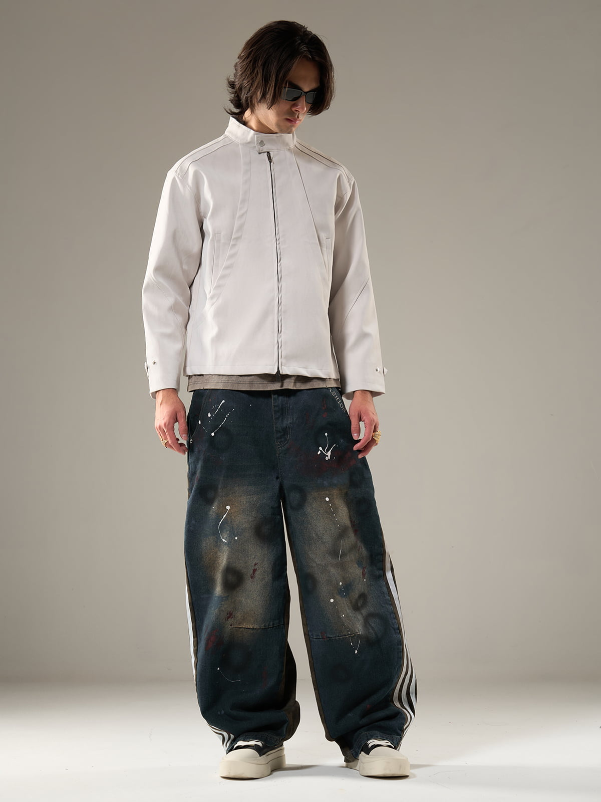 Deconstructed Split Stand Collar PU Leather Jacket