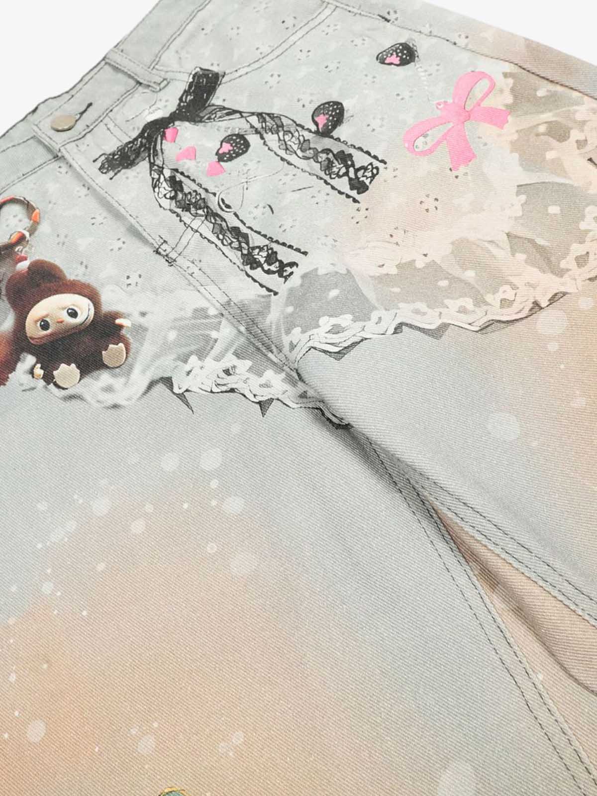 Retro 3D Fun Doll Print Washed Baggy Jeans