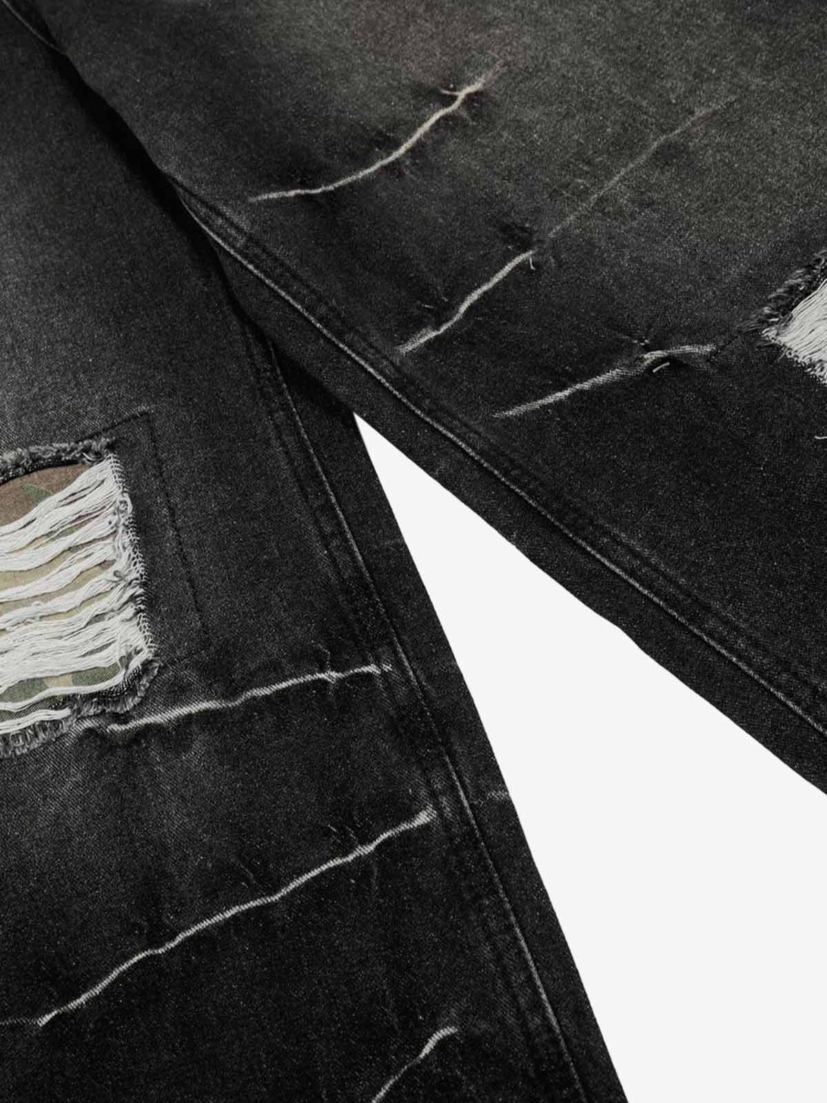 Vintage Washed Ripped Camouflage Patchwork Jeans