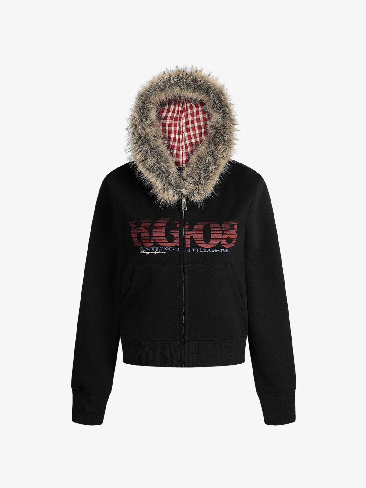 Retro Gradient Letter Print Splicing Cardigan Fur Collar Zip Up Hoodie