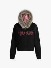Retro Gradient Letter Print Splicing Cardigan Fur Collar Zip Up Hoodie
