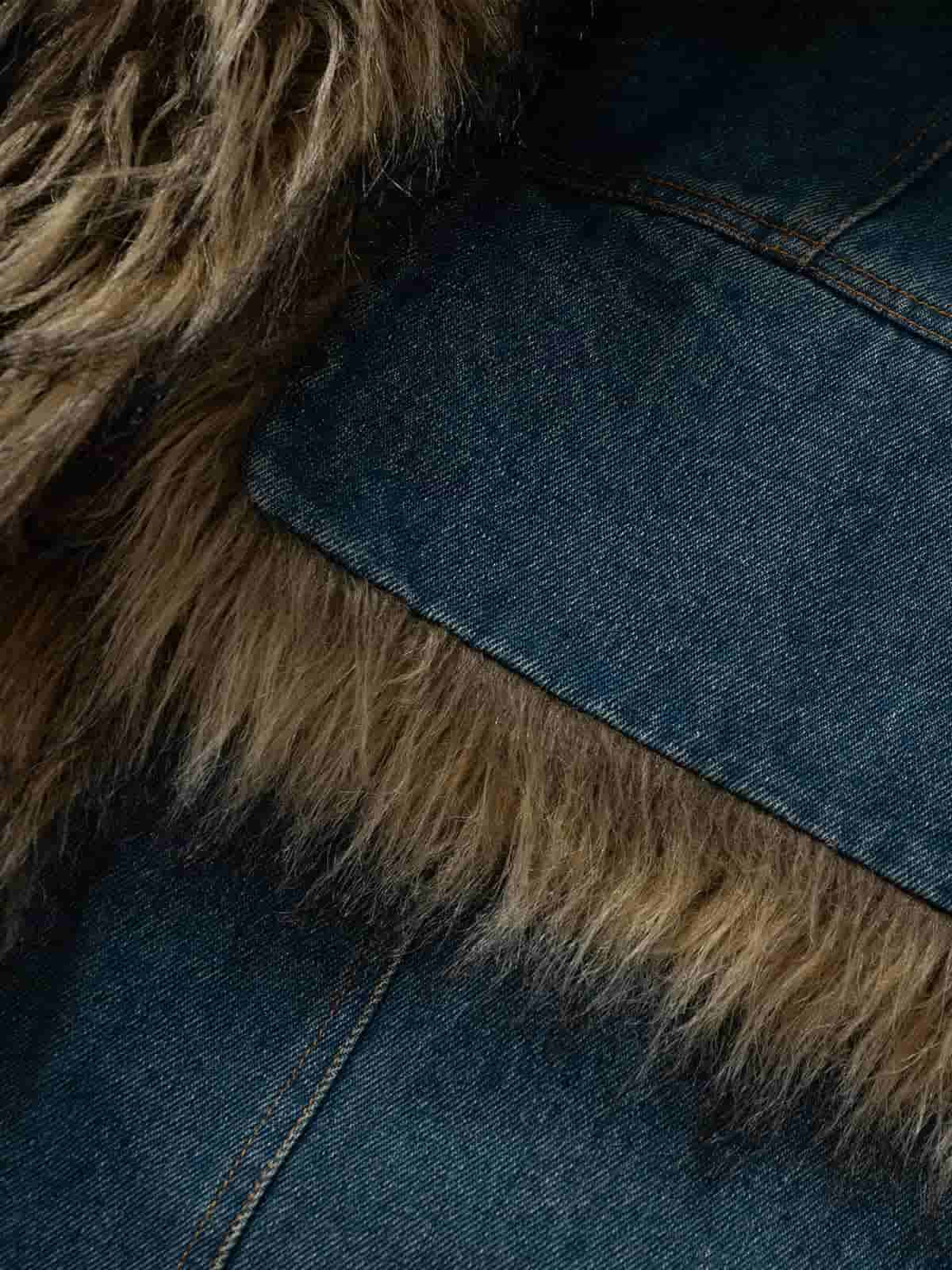 Street Retro Fur Patchwork Washed Denim Cotton Jacket