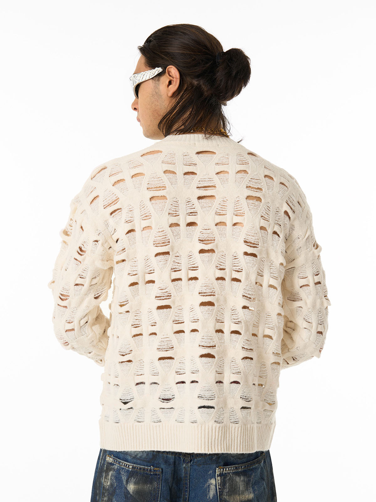 Ripped Openwork Crewneck Sweater