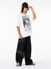 Chain Print Raw Edge Washed Wide-Leg Jeans