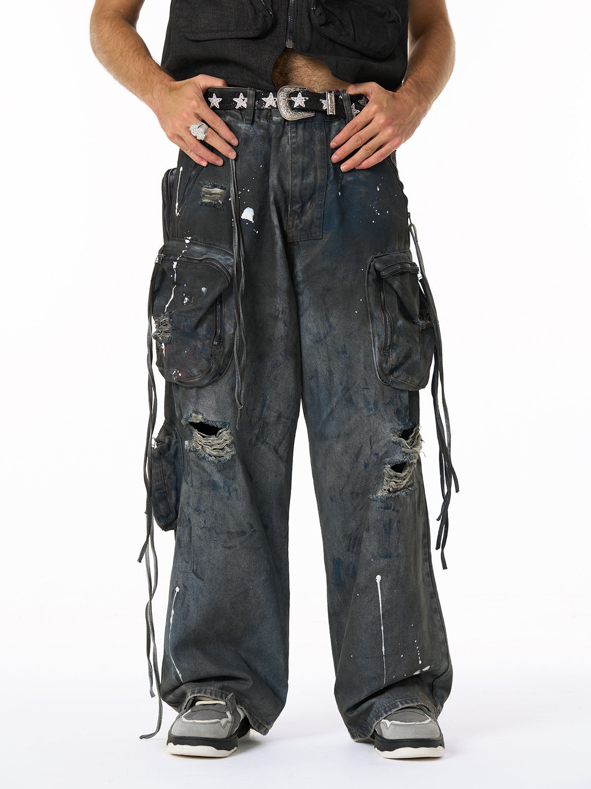 Heavy Dirty Dyed Multi-Pocket Drawstring Work Jeans