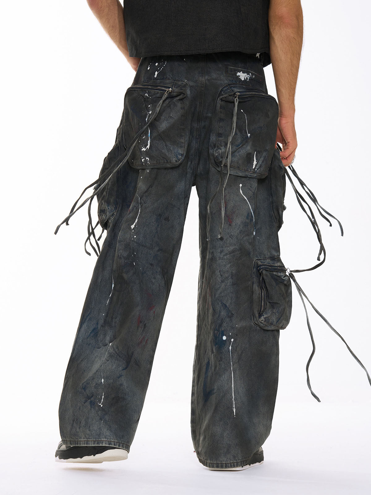 Heavy Dirty Dyed Multi-Pocket Drawstring Work Jeans