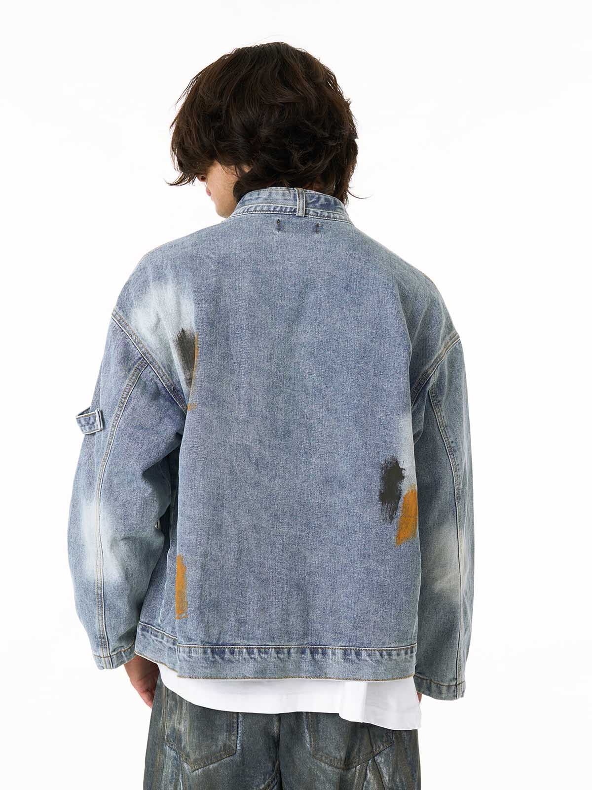 Retro Street Floral Embroidery Washed Zipper Denim Jacket
